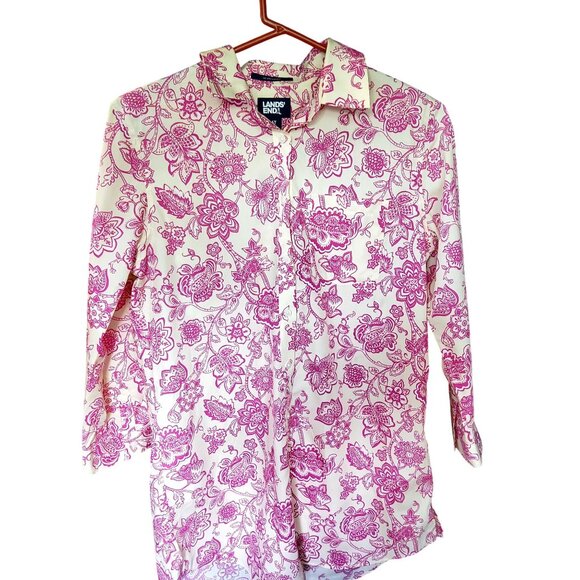Lands End Womens No Iron Supima Shirt 6T Floral Print Pink & White Long Sleeve - Picture 6 of 10